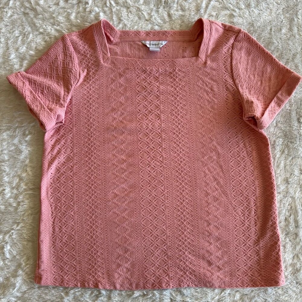 Liz Claiborn‎ Pink Eyelet Short Sleeve Blouse Top Shirt - Medium